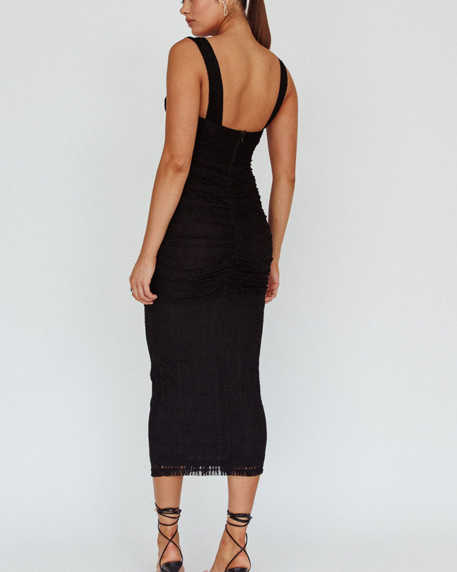 Black Embroidered Mesh Midi Dress