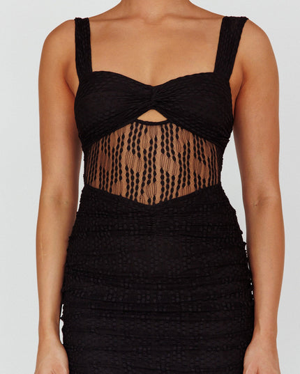 Black Embroidered Mesh Midi Dress