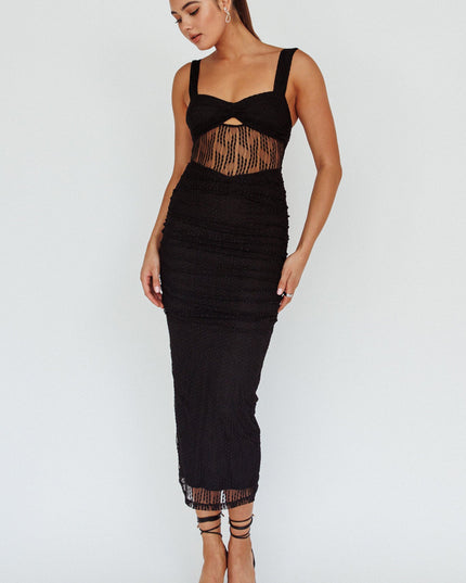 Black Embroidered Mesh Midi Dress