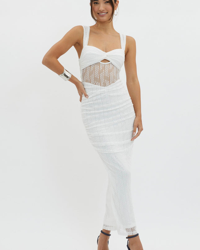 White Embroidered Mesh Midi Dress