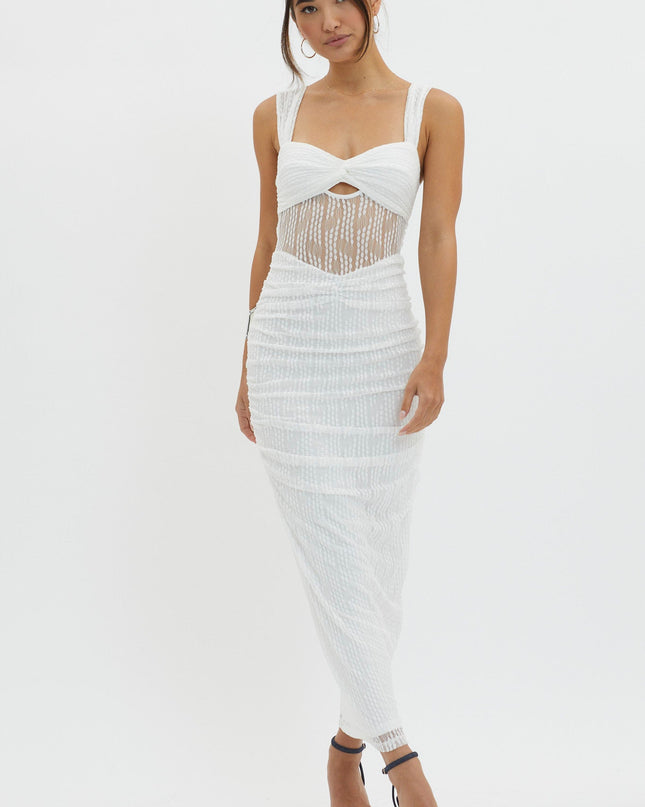 White Embroidered Mesh Midi Dress