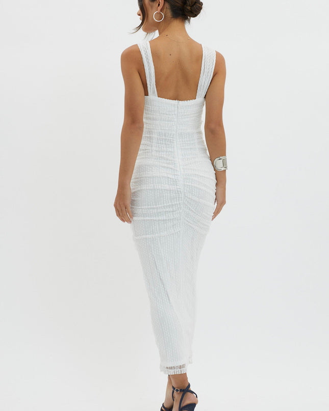 White Embroidered Mesh Midi Dress