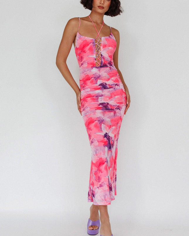Pink Laced Bodice Ruched Midi Dress