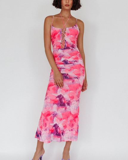 Pink Laced Bodice Ruched Midi Dress