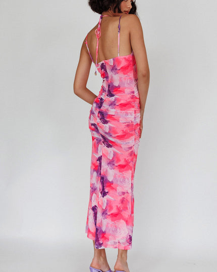Pink Laced Bodice Ruched Midi Dress