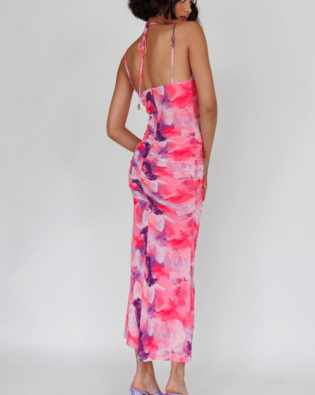 Pink Laced Bodice Ruched Midi Dress