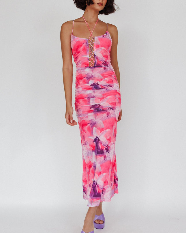 Pink Laced Bodice Ruched Midi Dress