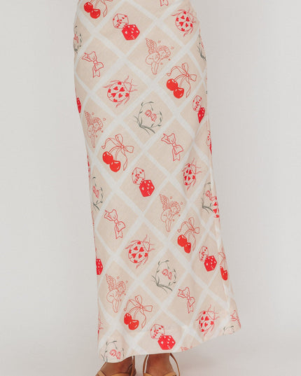 Beige Print A-Line Maxi Skirt
