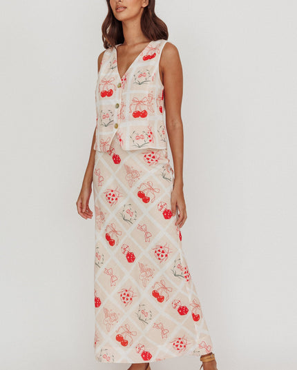 Beige Print A-Line Maxi Skirt