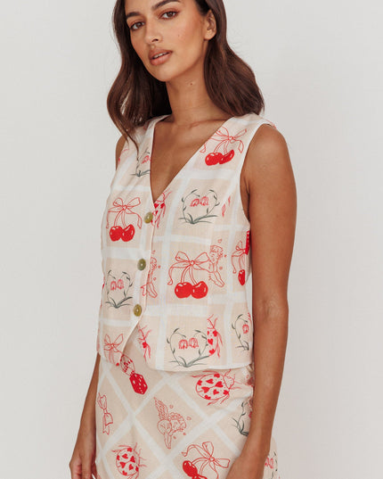 Beige Print Sleeveless Vest