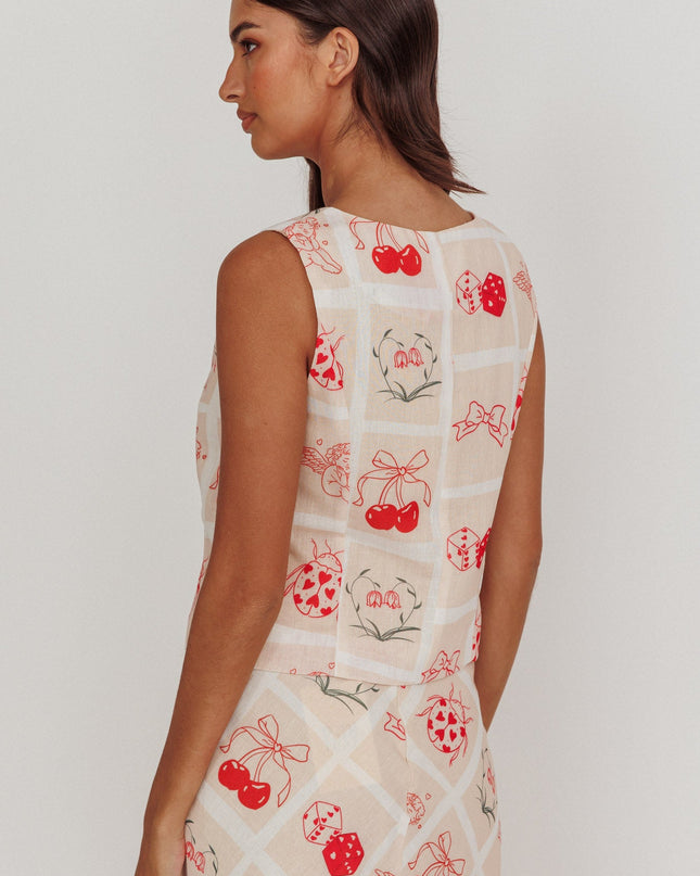 Beige Print Sleeveless Vest