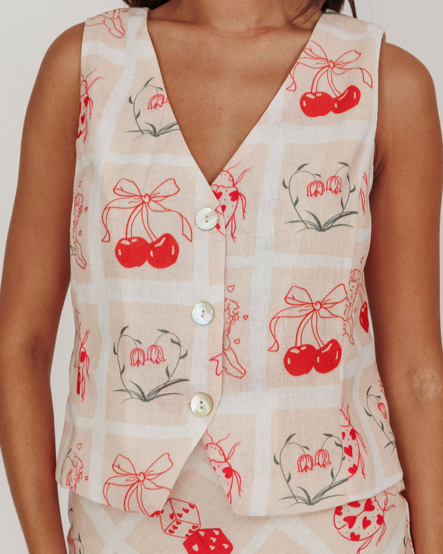 Beige Print Sleeveless Vest