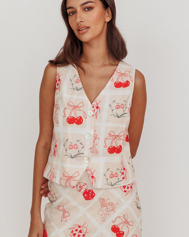 Beige Print Sleeveless Vest