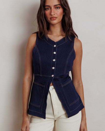 Denim Button Front Pocket Vest Top