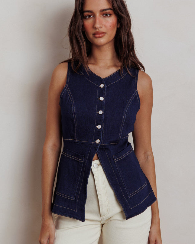 Denim Button Front Pocket Vest Top