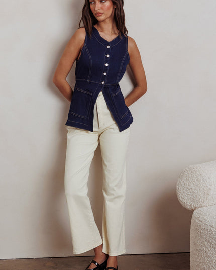 Denim Button Front Pocket Vest Top
