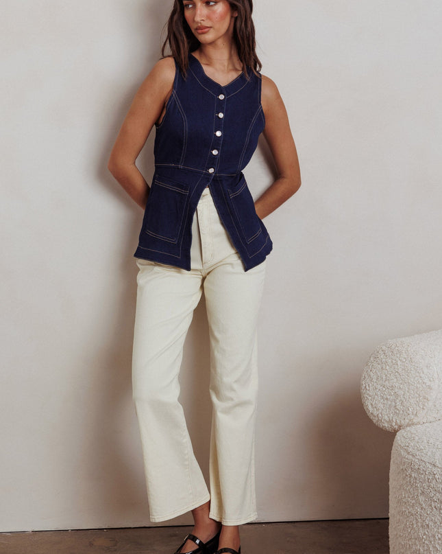 Denim Button Front Pocket Vest Top