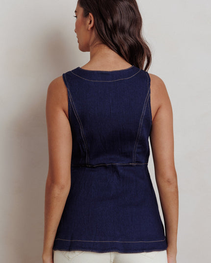 Denim Button Front Pocket Vest Top