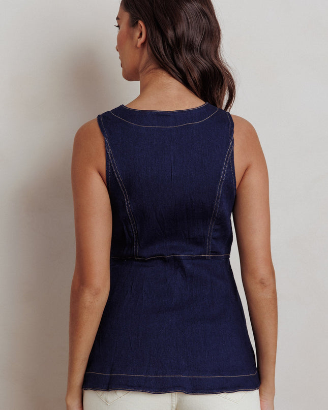 Denim Button Front Pocket Vest Top