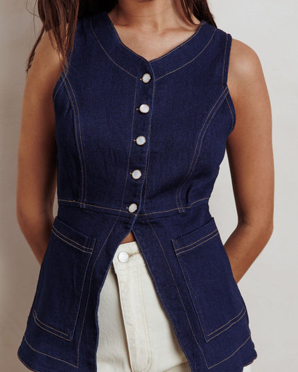 Denim Button Front Pocket Vest Top