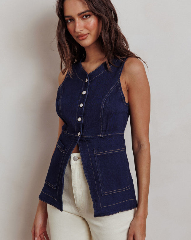 Denim Button Front Pocket Vest Top