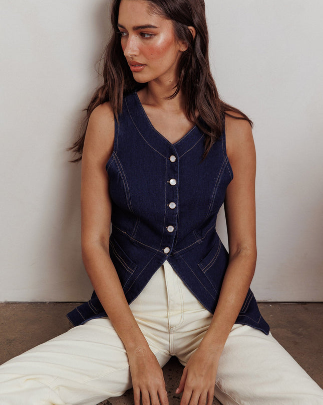 Denim Button Front Pocket Vest Top