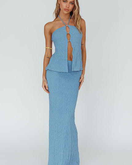 Blue Textured Midi Skirt