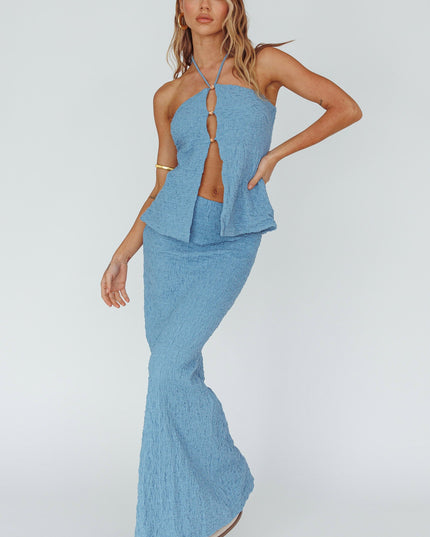Blue Textured Midi Skirt