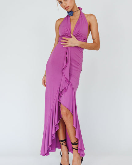 Magenta Halterneck Ruffle Dress