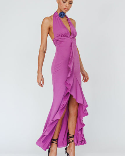 Magenta Halterneck Ruffle Dress