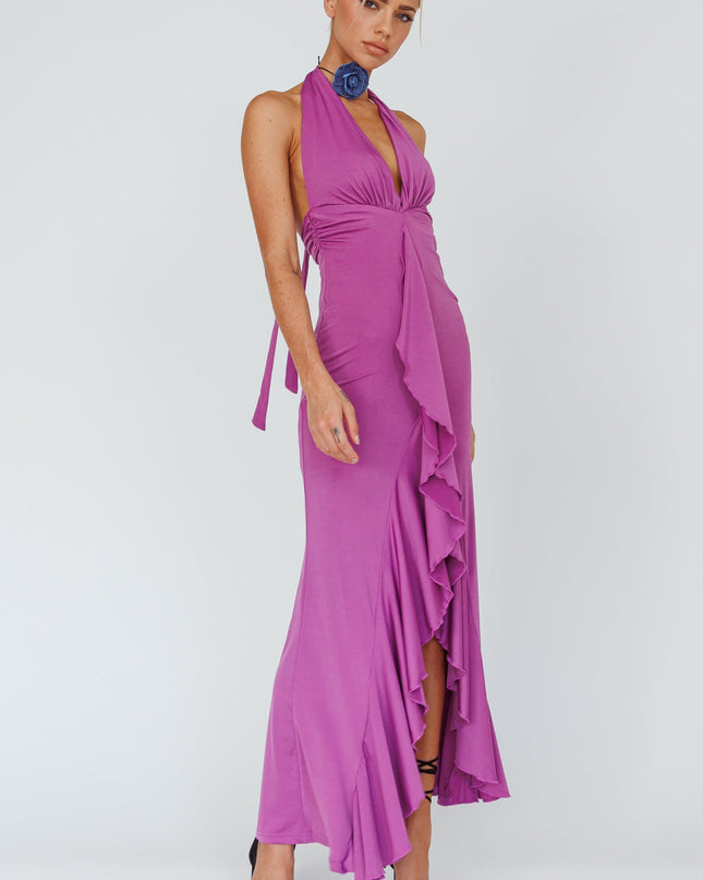 Magenta Halterneck Ruffle Dress