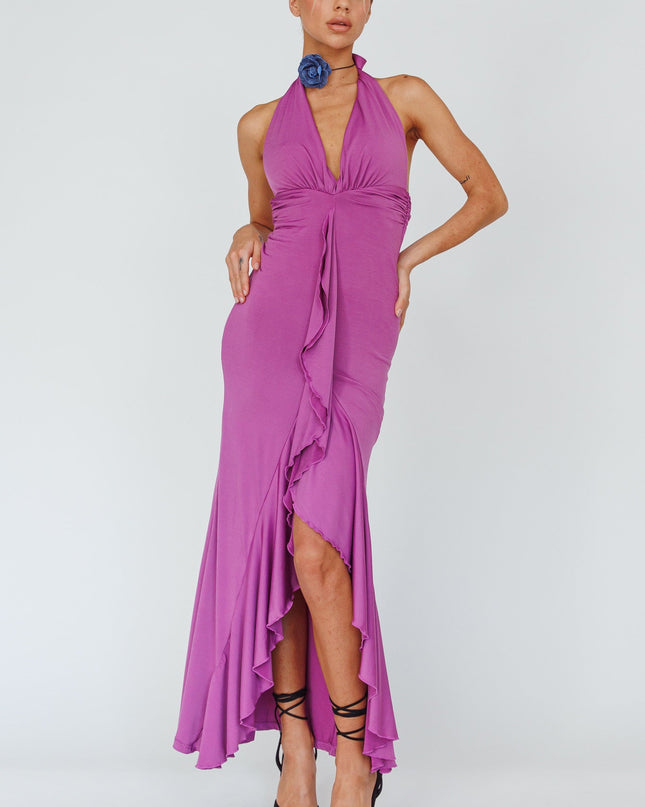 Magenta Halterneck Ruffle Dress
