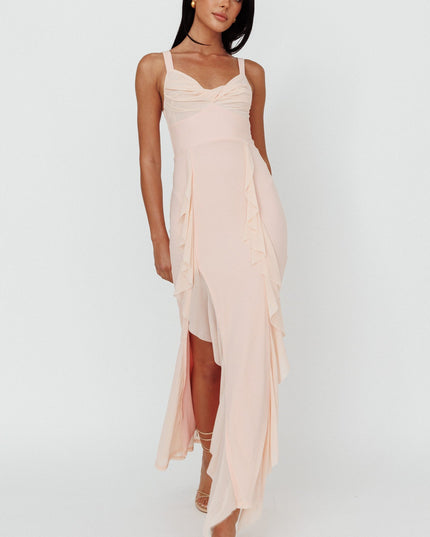 Champagne Ruffle Trim Split Maxi Dress