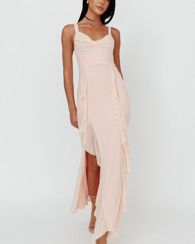 Champagne Ruffle Trim Split Maxi Dress