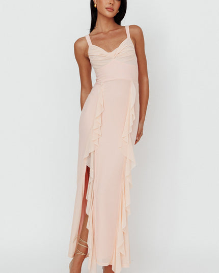 Champagne Ruffle Trim Split Maxi Dress