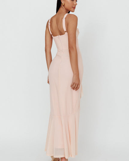 Champagne Ruffle Trim Split Maxi Dress