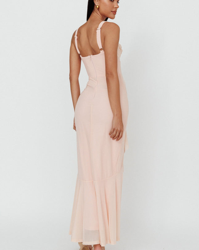 Champagne Ruffle Trim Split Maxi Dress