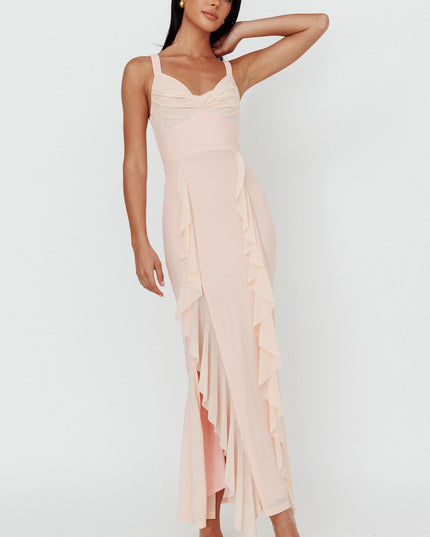 Champagne Ruffle Trim Split Maxi Dress