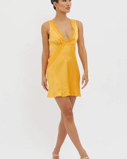 Tangerine Lace Trim V-Neck Mini Dress