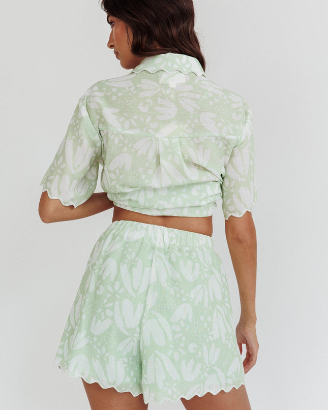 Sage Things Scalloped Elastic Waist Shorts Print