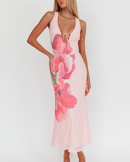 Pink Tied Plunging Neckline Maxi Dress Flower