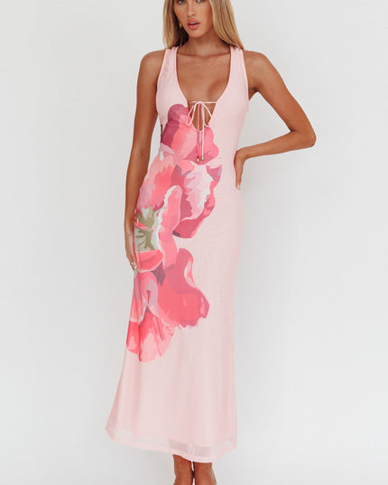 Pink Tied Plunging Neckline Maxi Dress Flower