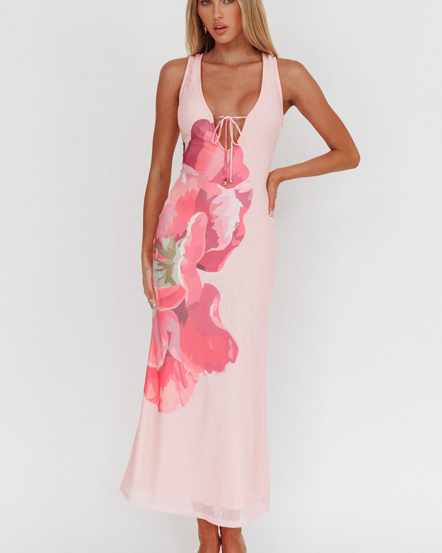 Pink Tied Plunging Neckline Maxi Dress Flower