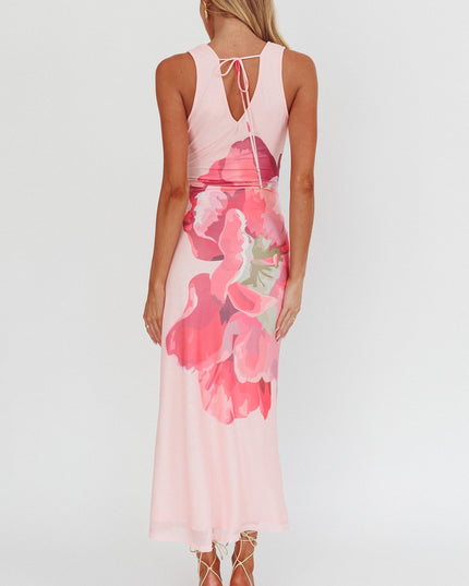 Pink Tied Plunging Neckline Maxi Dress Flower