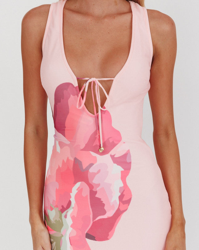 Pink Tied Plunging Neckline Maxi Dress Flower