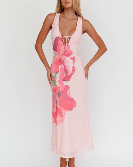 Pink Tied Plunging Neckline Maxi Dress Flower