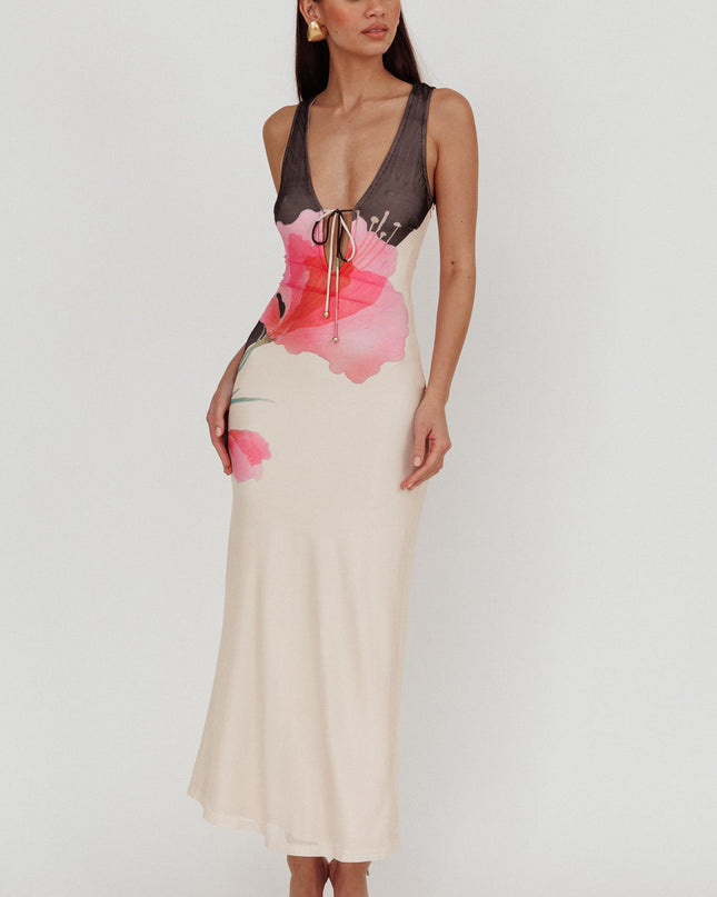 Black Tied Plunging Neckline Maxi Dress Flower