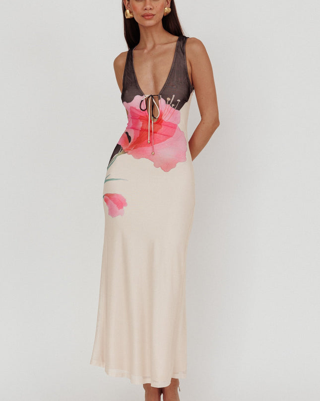 Black Tied Plunging Neckline Maxi Dress Flower