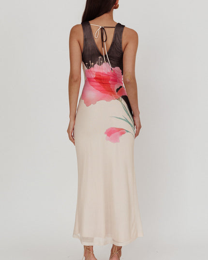 Black Tied Plunging Neckline Maxi Dress Flower