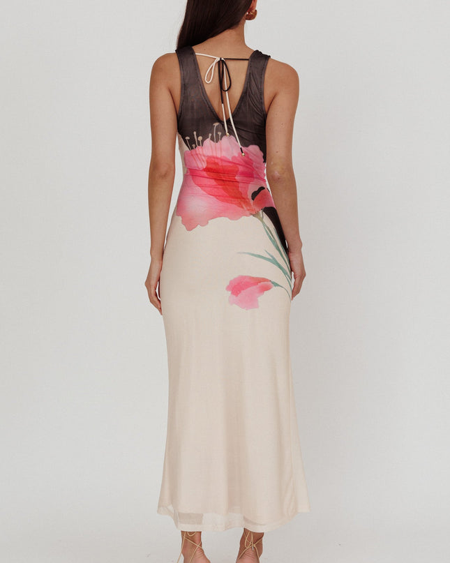 Black Tied Plunging Neckline Maxi Dress Flower
